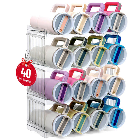 Bobomoment water bottle organizer holding 16 Stanley bottles for easy access