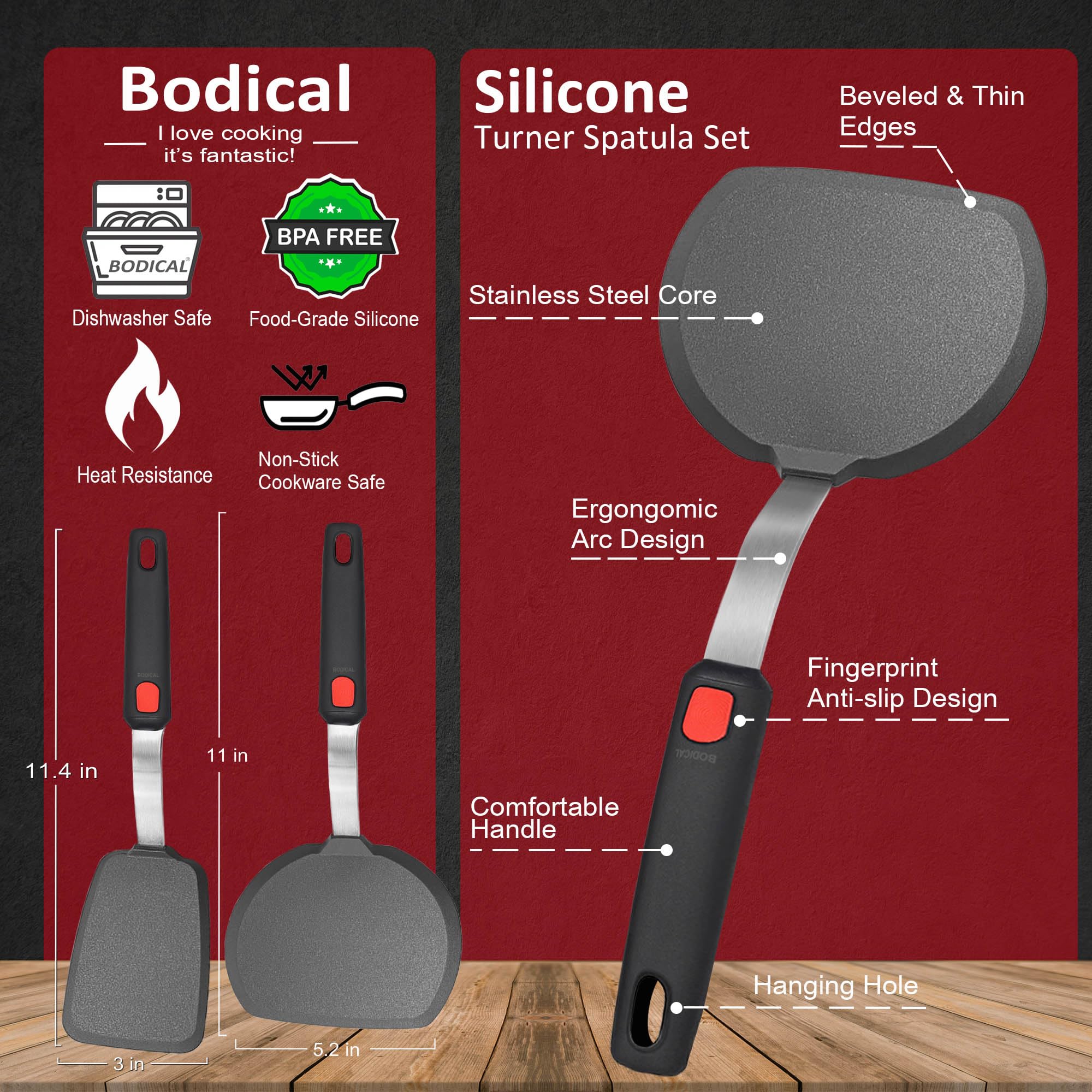 BodiCal egg spatula lifting eggs from pan with sturdy core