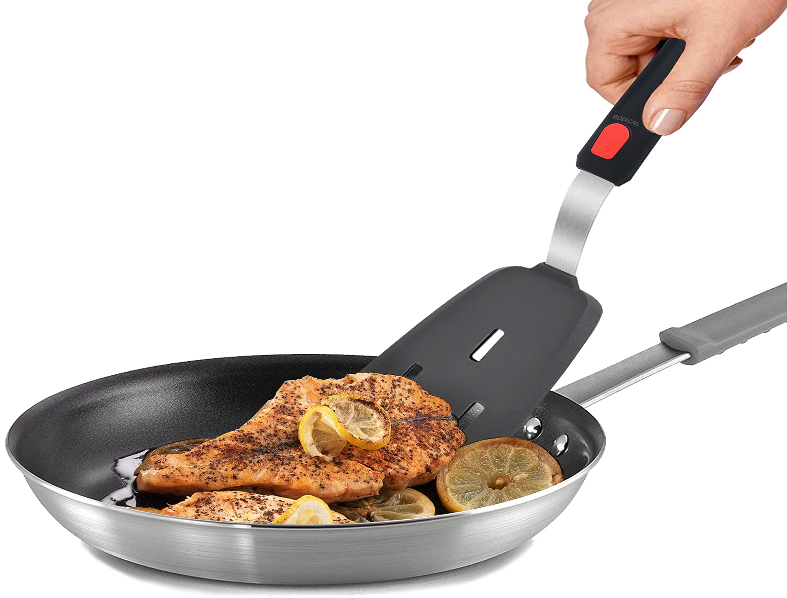 BodiCal spatula demonstrates 600°F heat resistance for high-heat cooking