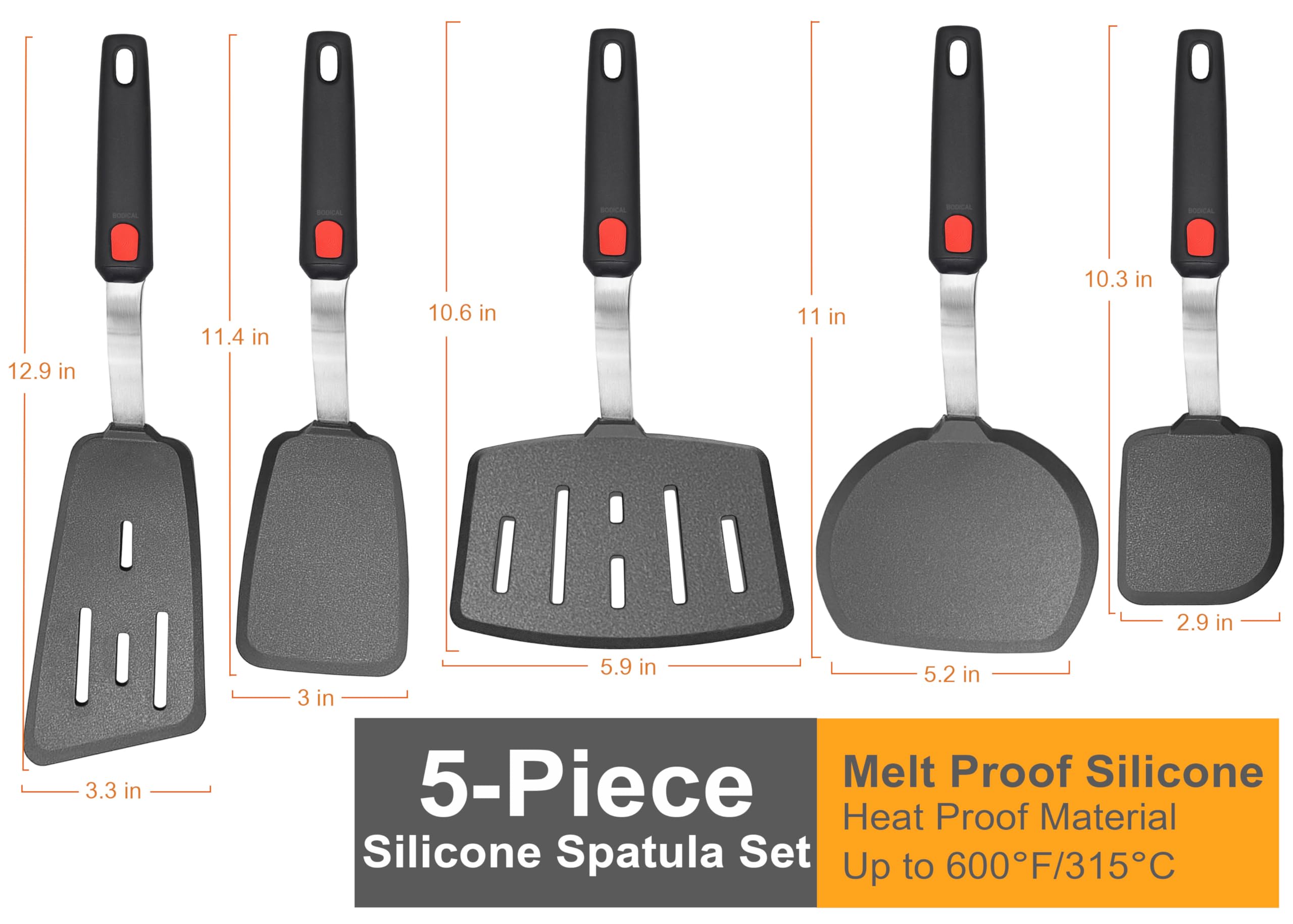 BodiCal spatula set highlighting stainless steel core for flexibility.