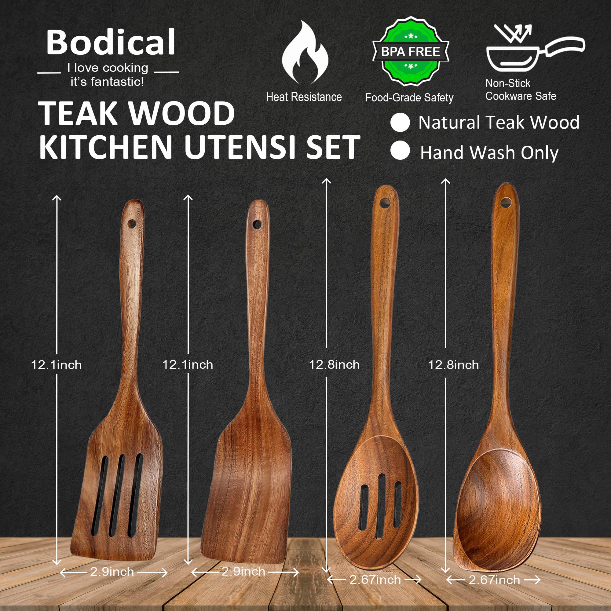 BodiCal teak slotted spatula 12in in use during cooking, reducing splatter