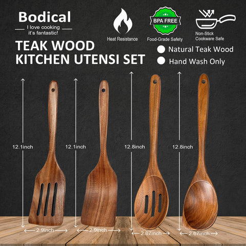 BodiCal teak slotted spatula 12in in use during cooking, reducing splatter