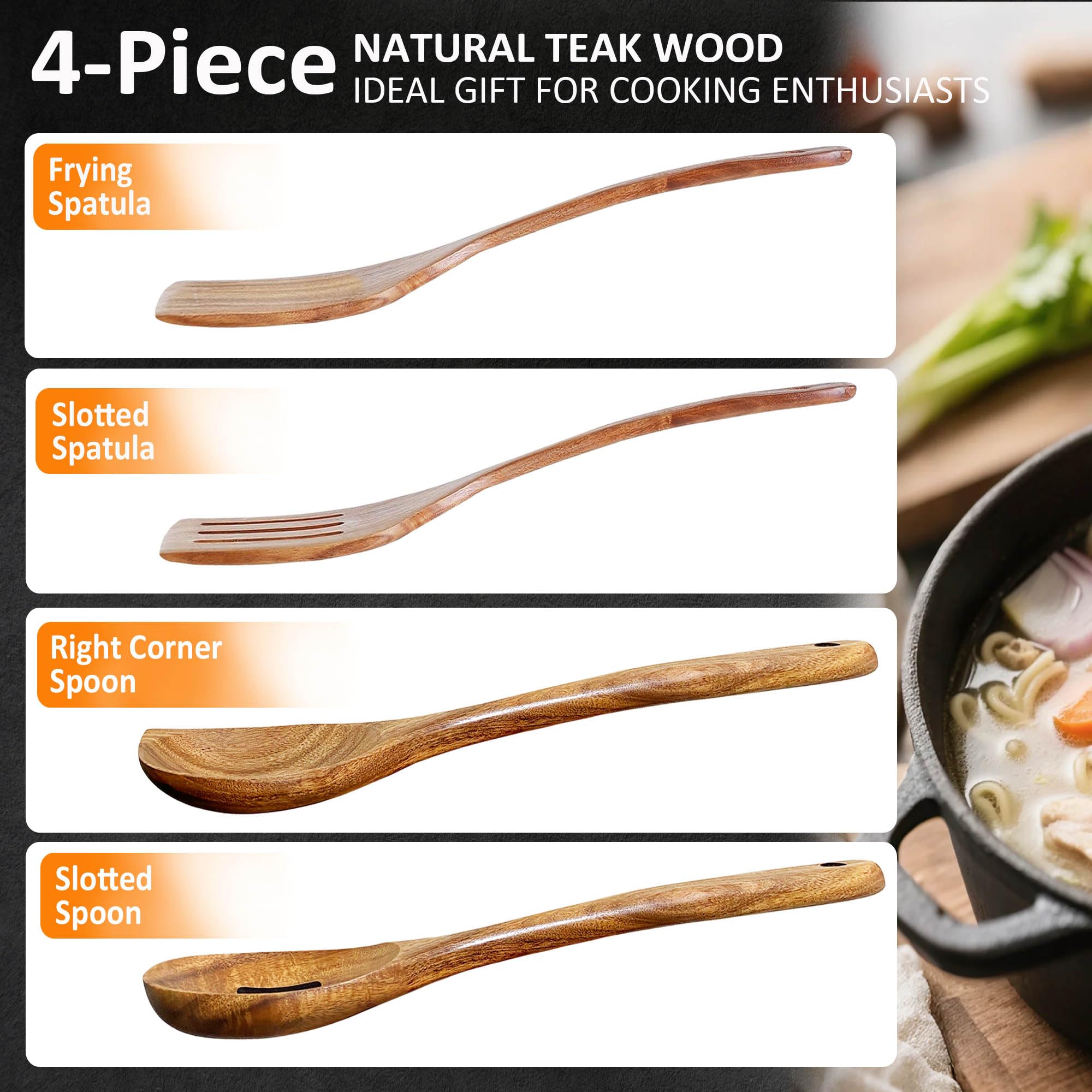 Close-up of dense teak grain and satin finish on BodiCal utensils