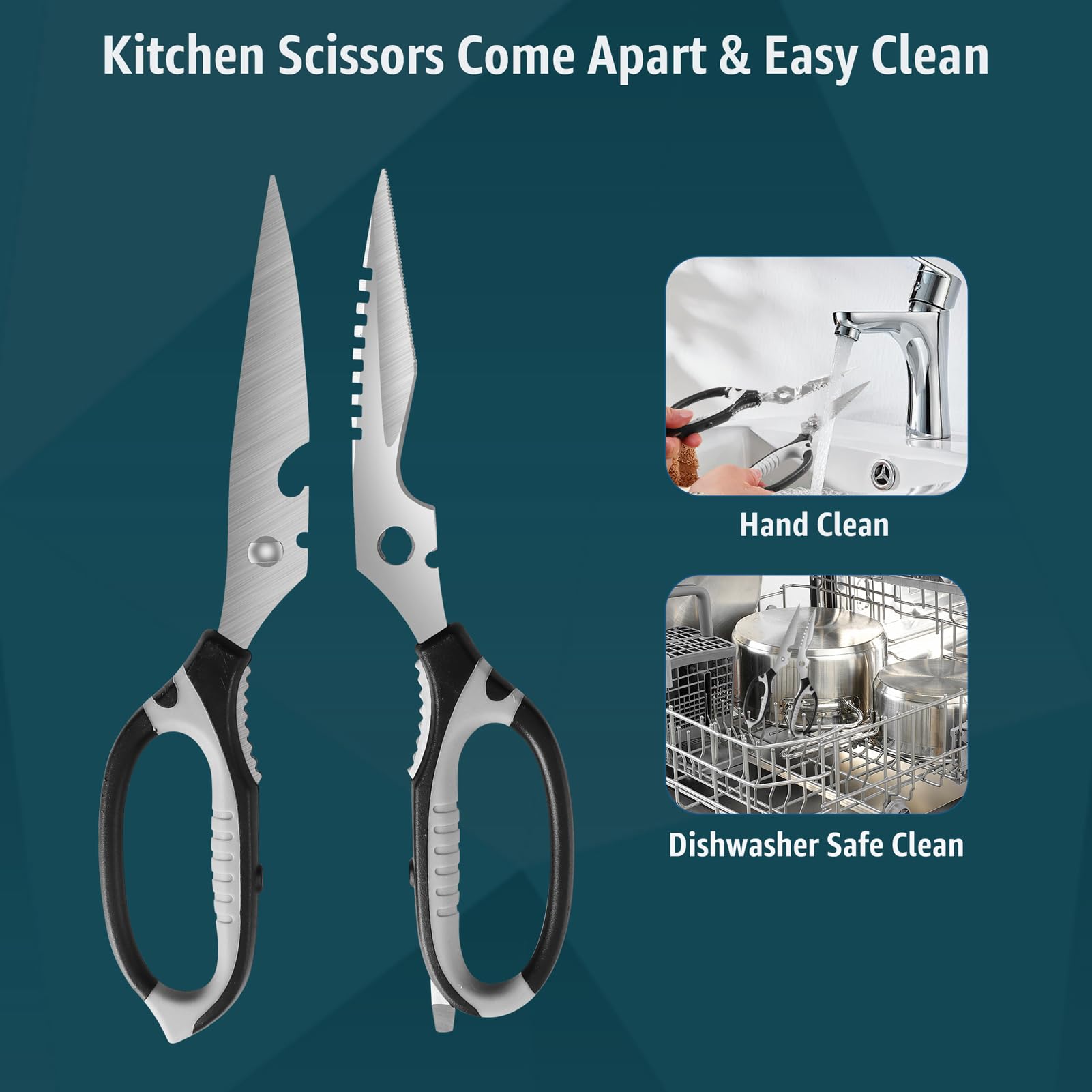 BoFuYuan Kitchen Scissors detachable blades demonstrate easy cleaning and dishwasher-safe design.