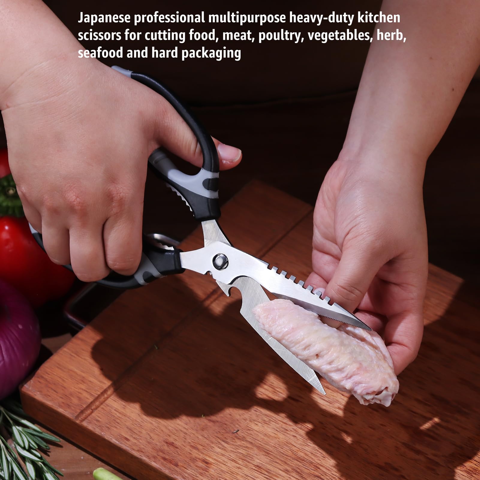 BoFuYuan Kitchen Scissors serrated blade grip for slip-resistant cuts.