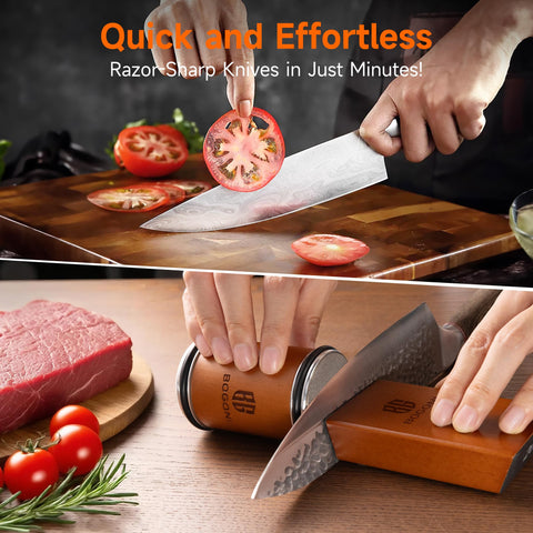 Bogoni sharpener with ceramic disc for a smooth, polished edge.