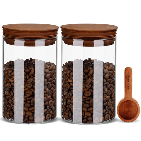 Boilmerit 27oz canister with wooden lid on counter preserves coffee freshness.