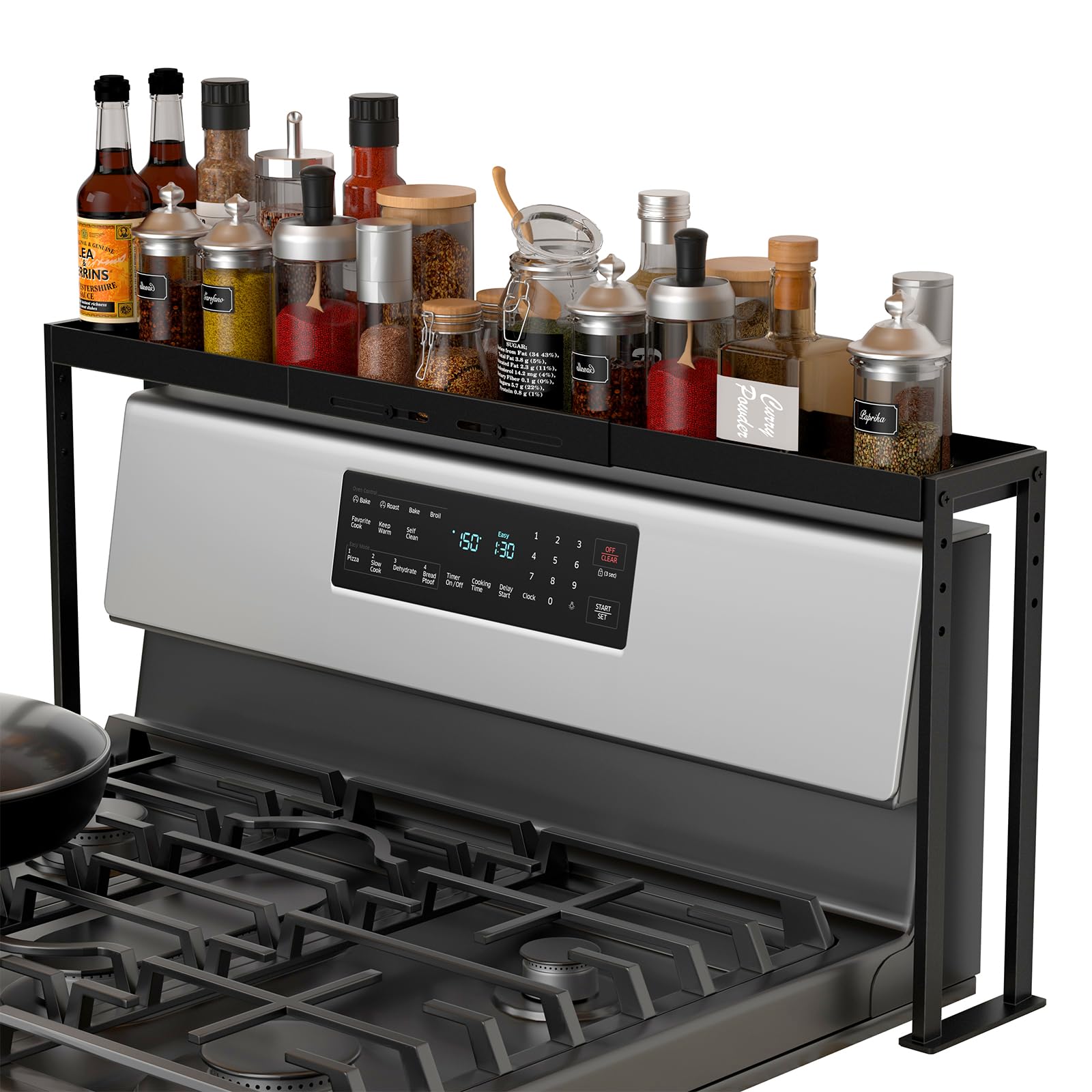 BOIVSHI stove top shelf condiment storage keeps sauces within reach while cooking.