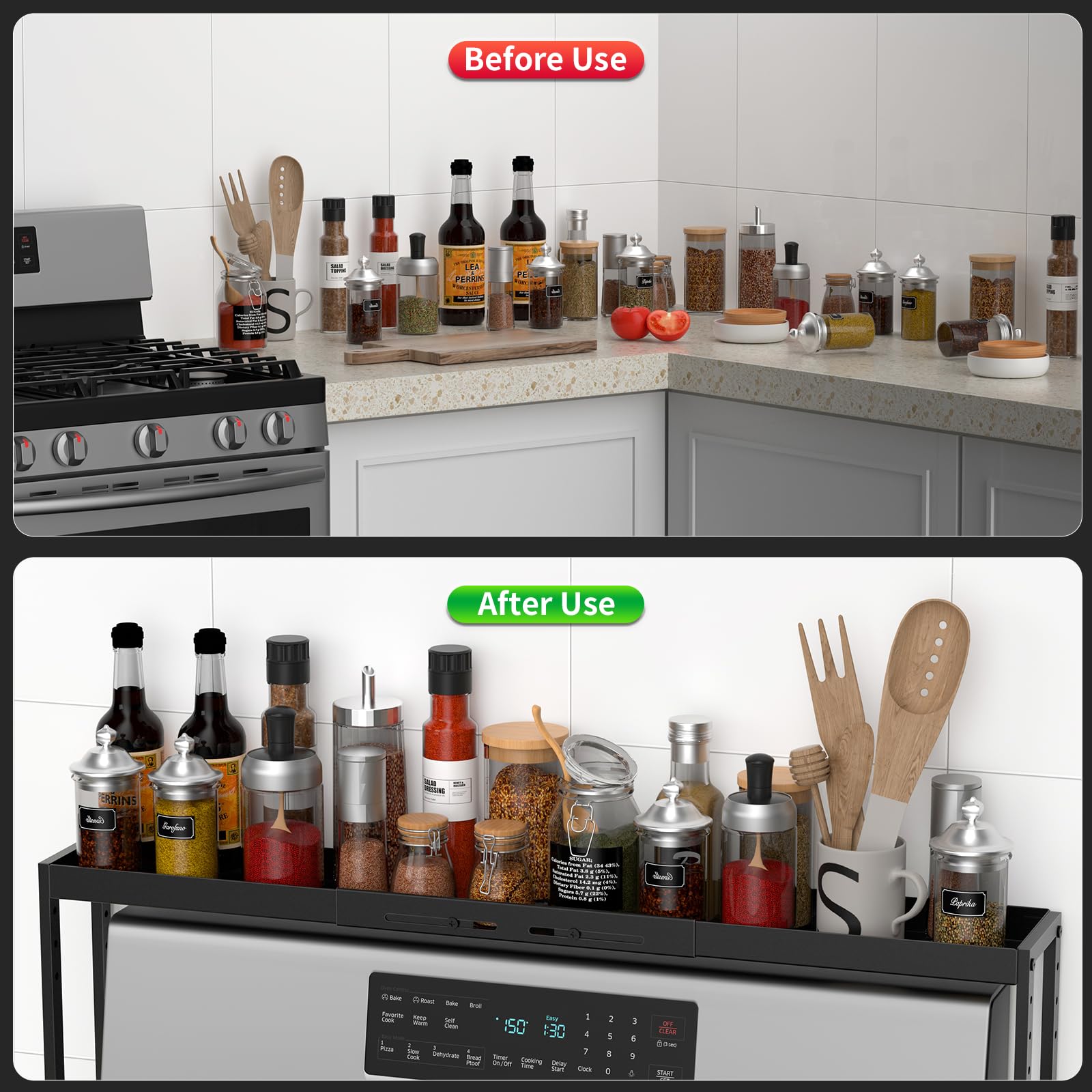 BOIVSHI stove top shelf height adjusted for tall bottles.