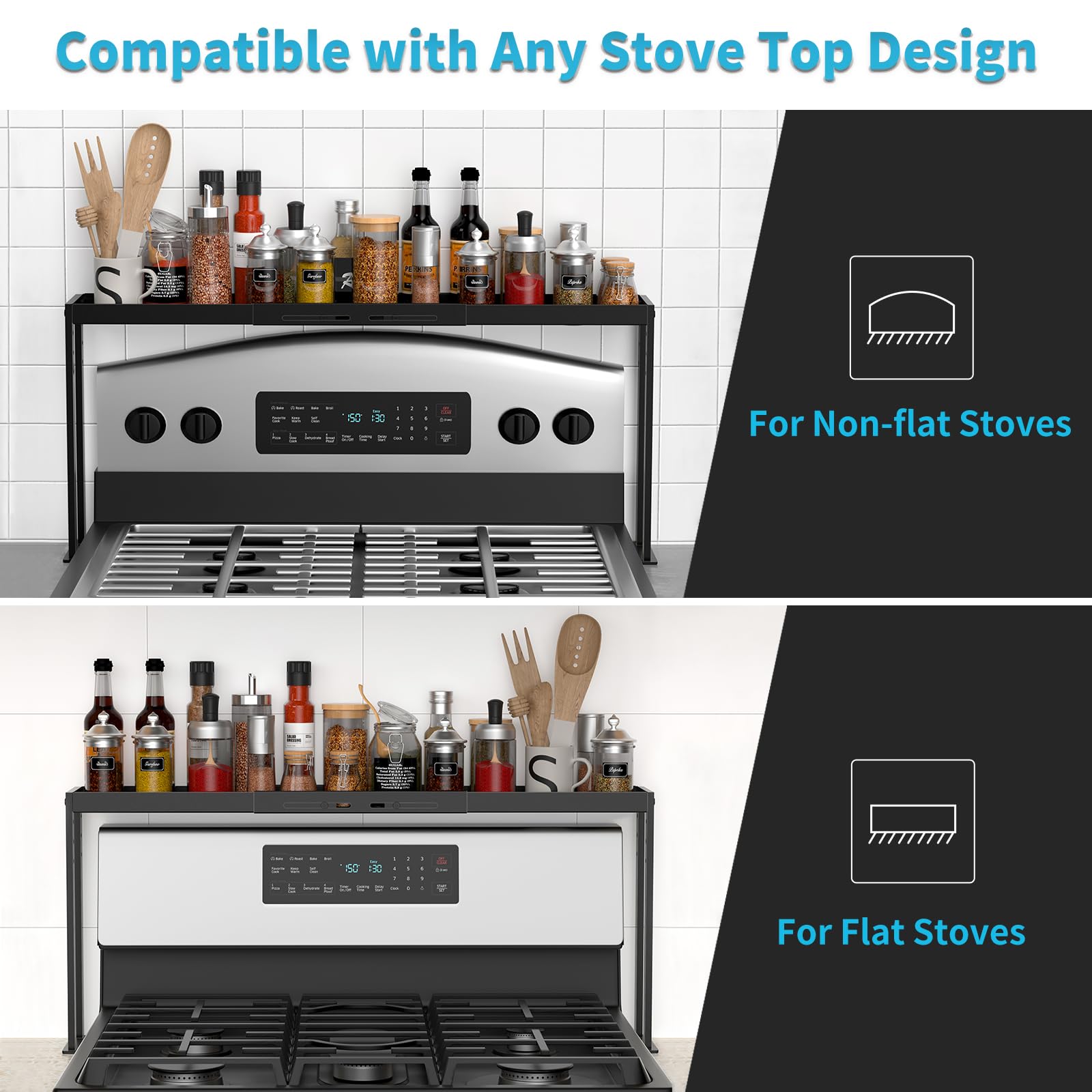 BOIVSHI stove top shelf installed on stove demonstrating compact setup.