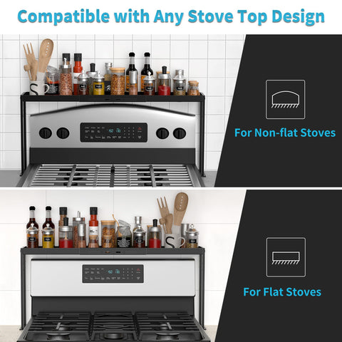 BOIVSHI stove top shelf installed on stove demonstrating compact setup.
