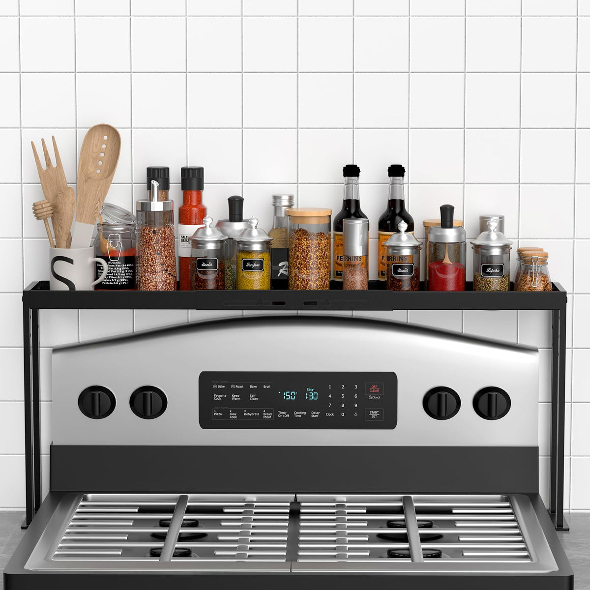 BOIVSHI stove top shelf main view showing easy access spice storage.