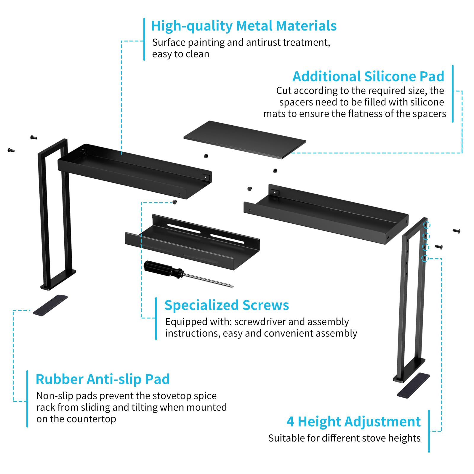 BOIVSHI stove top shelf metal finish that resists grime and wipes clean.