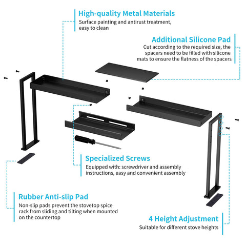 BOIVSHI stove top shelf metal finish that resists grime and wipes clean.