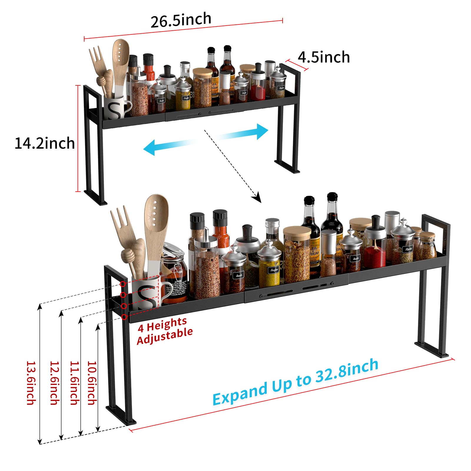 BOIVSHI stove top shelf full spice rack organized with salts and oils.