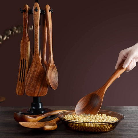 BOKALAKA easy-clean wooden utensils with hanging hole for simple storage.