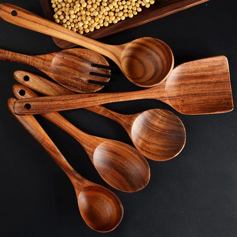 BOKALAKA hand-polished teak utensils, smooth finish for comfortable cooking sessions.