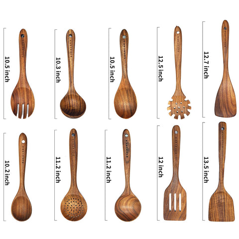 BOKALAKA teak spoon collection featuring slotted spoon for stirring and safe non-stick pan use.