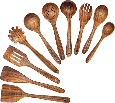 BOKALAKA teak wooden spoon set with wok spatula for durable, non-scratch cooking.
