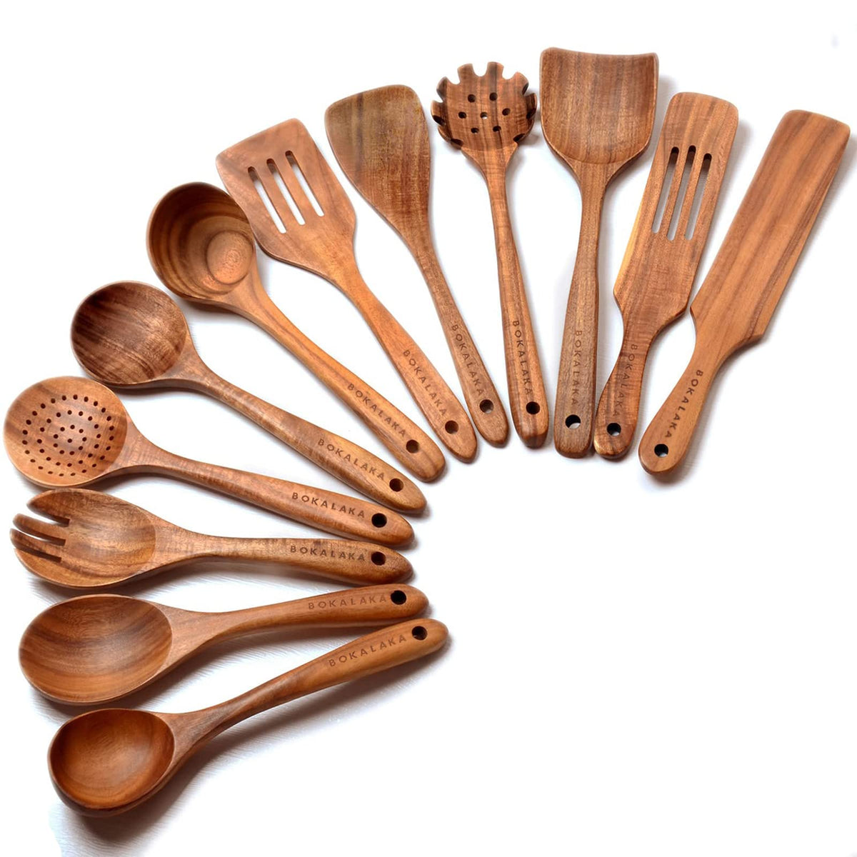 BOKALAKA teak wood spoons set 12pc, durable cooking tools for daily meals.