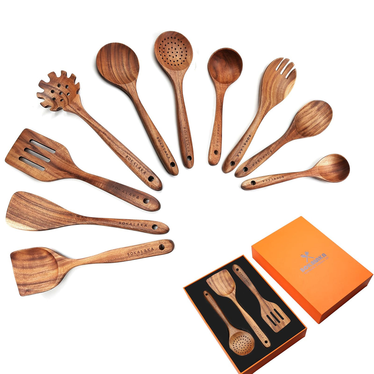 BOKALAKA teak wooden spoons set with natural finish for versatile cooking tasks.