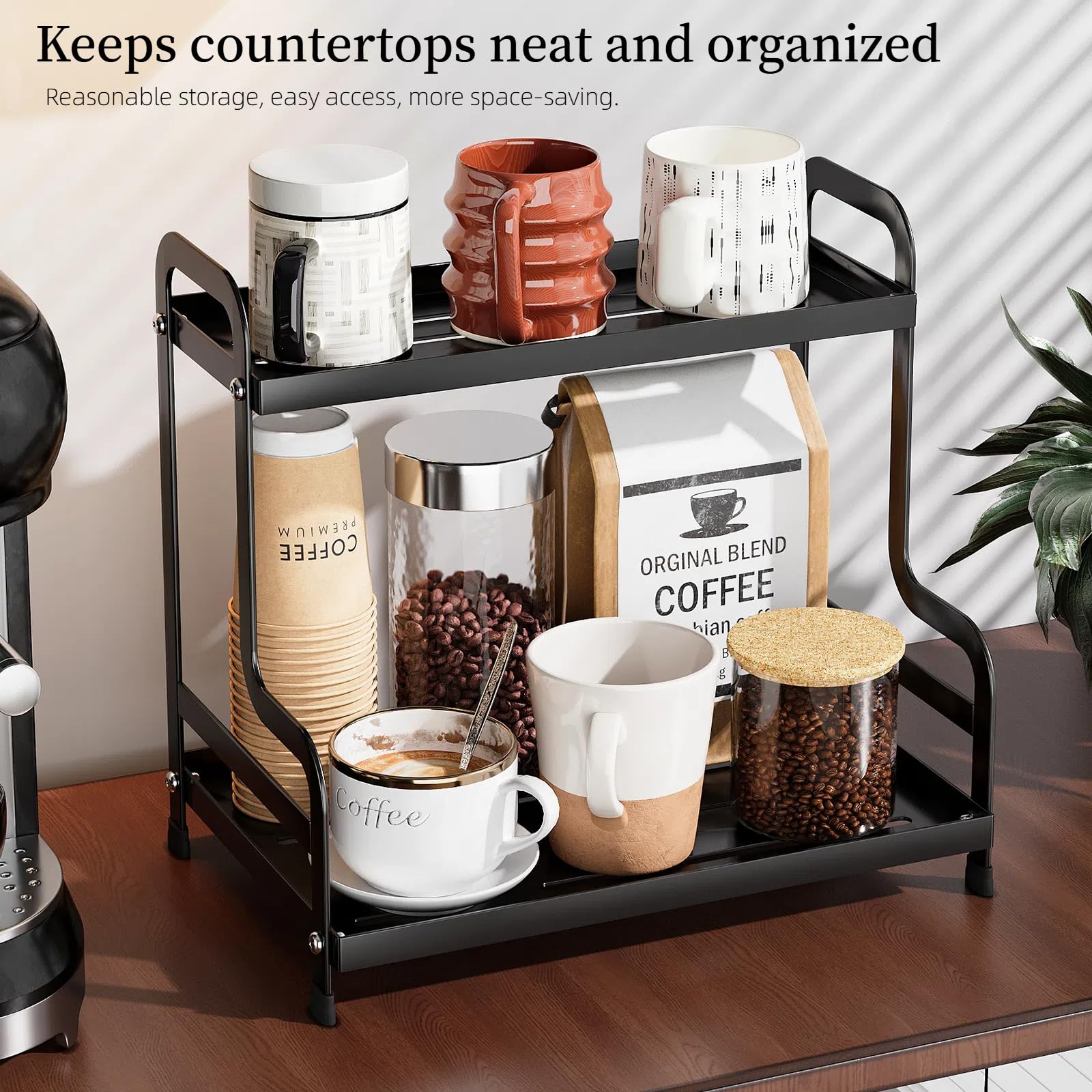 Bokelai 2-tier coffee bar organizer top view highlights spacious shelves for beans and cups.