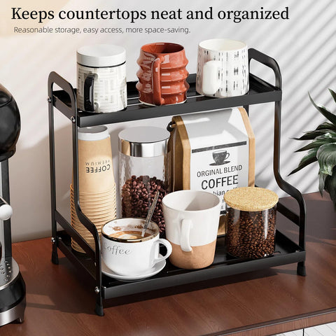 Bokelai 2-tier coffee bar organizer top view highlights spacious shelves for beans and cups.