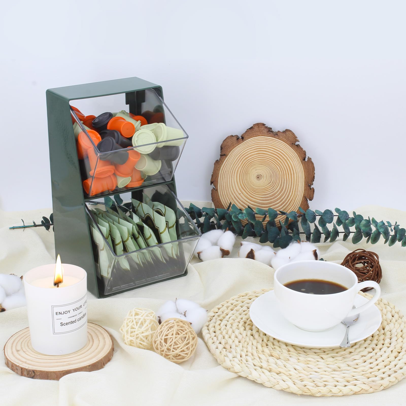 Bokelai storage unit keeps K cups, tea bags, and creamer within reach.