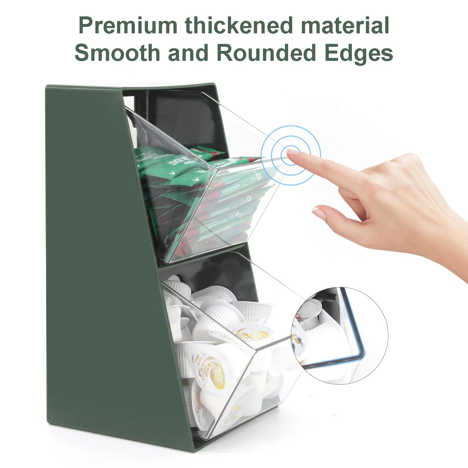 Bokelai two-bin organizer showcasing cream and green design that fits compact counters.