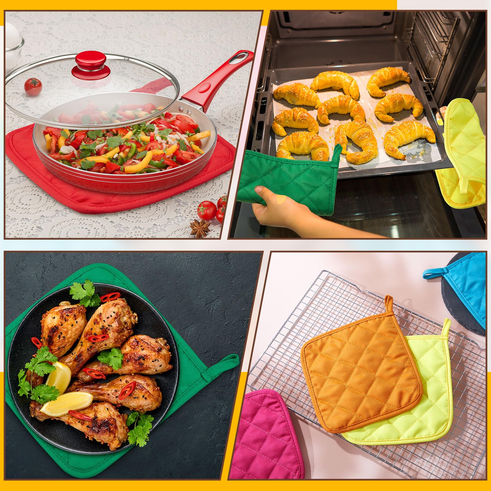 Bokon colorful kitchen accessory set adds cheerful decor while protecting surfaces.