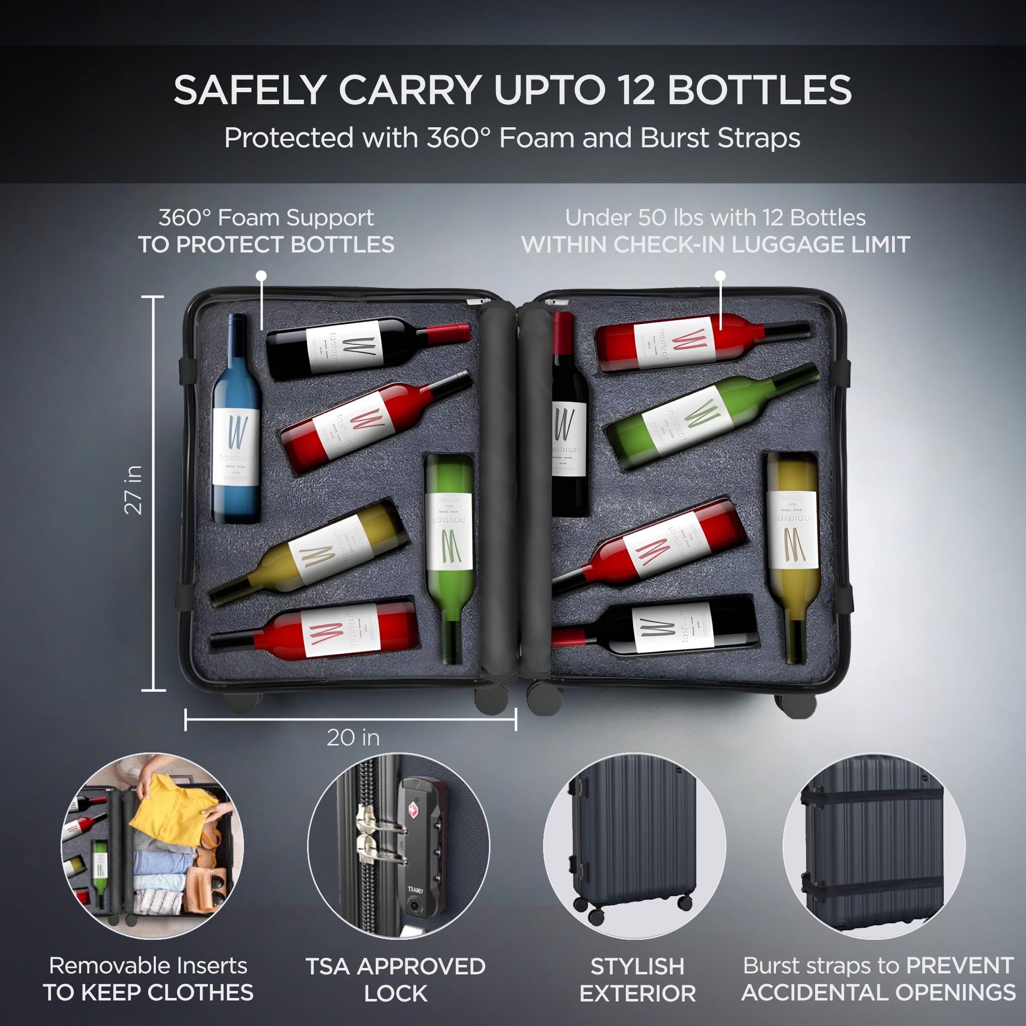 boldworks wine suitcase interior shows 12-bottle capacity with cushioned foam inserts.