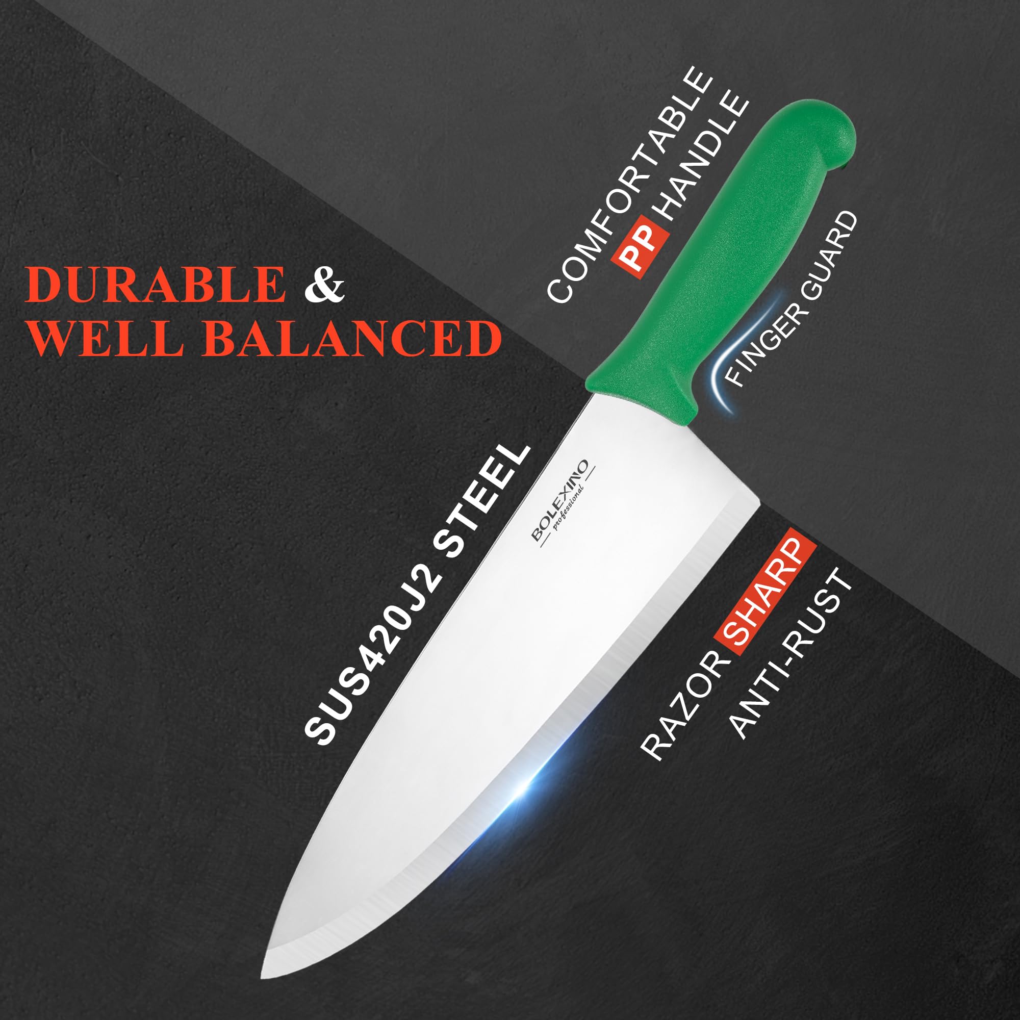 BOLEXINO ergonomic non-slip handle offers comfortable grip during extended prep sessions.
