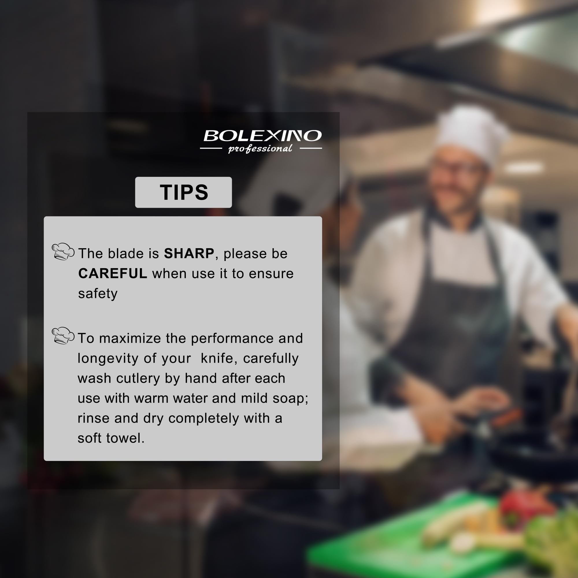 BOLEXINO full-length chef knife ready for slicing, dicing, and chopping tasks.