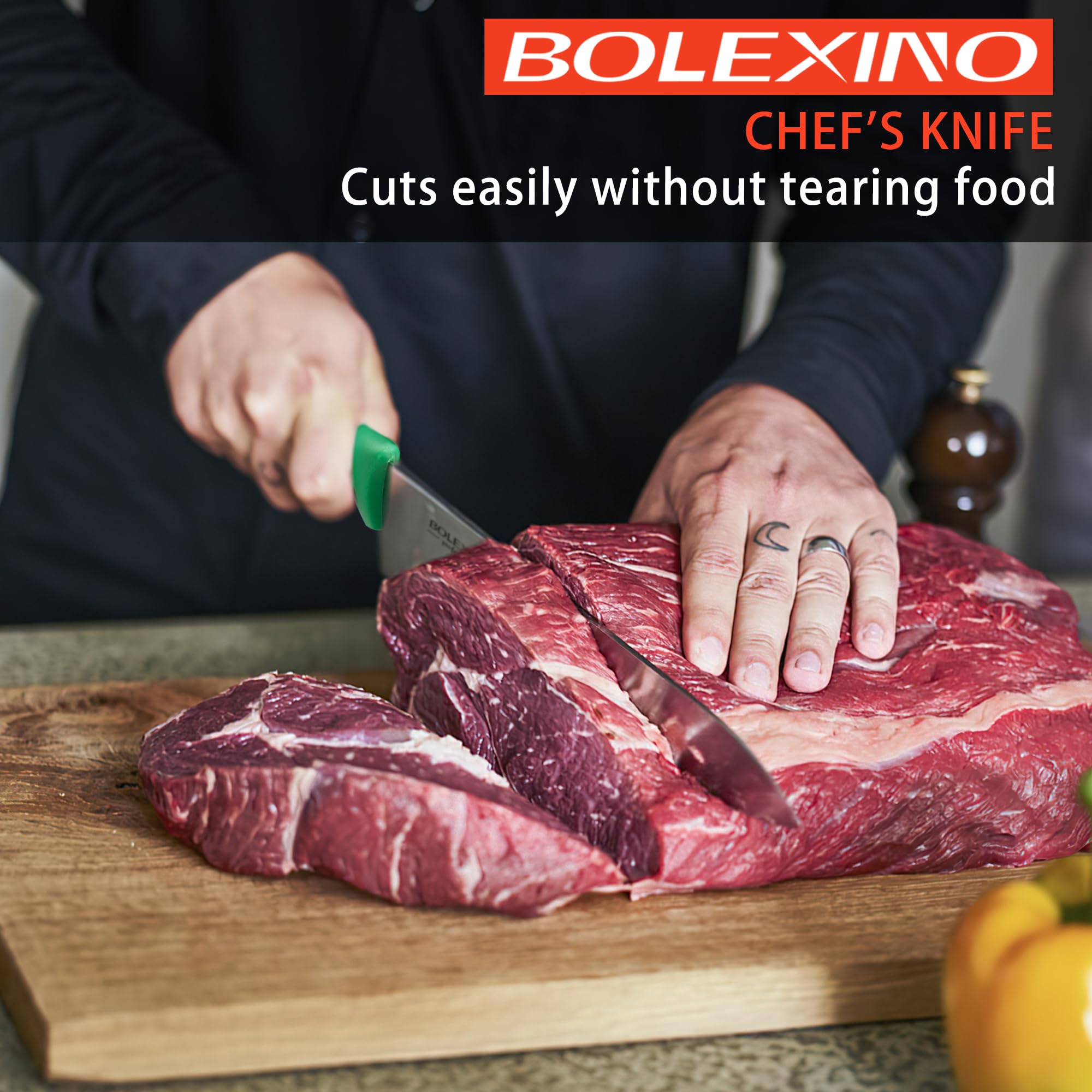 BOLEXINO high-carbon stainless steel blade shines, supporting durability for everyday chopping.