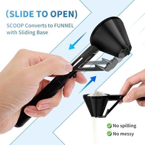 Bolvoa measuring scoops with funnel in one-handed design for quick, clean pours