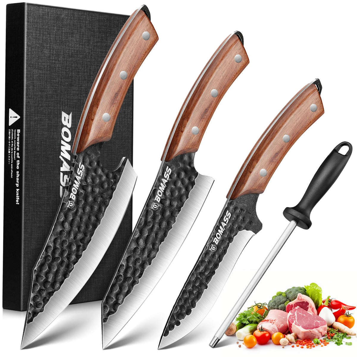 BOMASS chef knife close-up highlighting a razor-edge for precise dicing