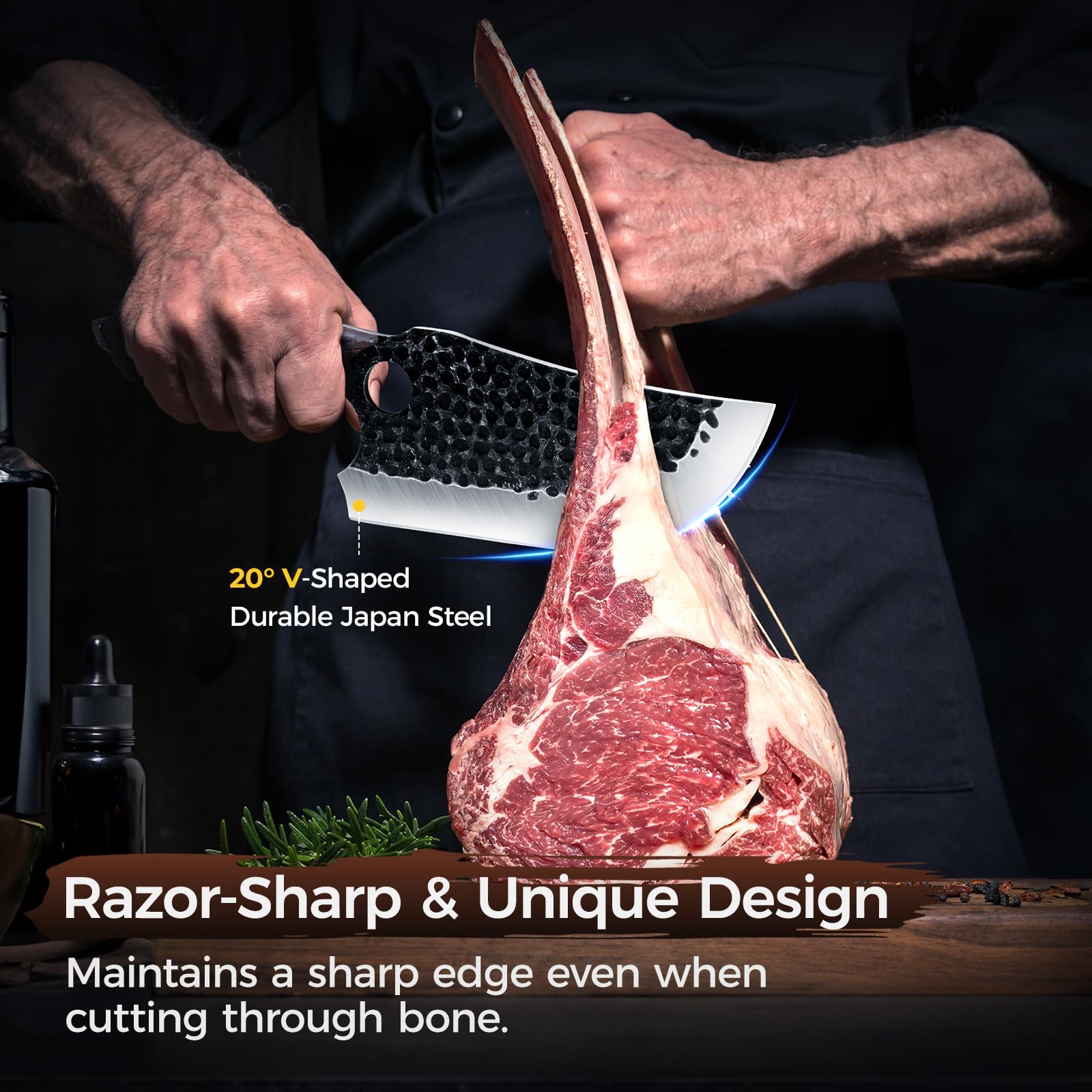 BOMASS Meat Cleaver 7.4-inch blade ideal for tough cuts.