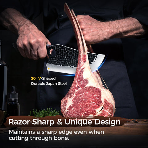 BOMASS Meat Cleaver 7.4-inch blade ideal for tough cuts.