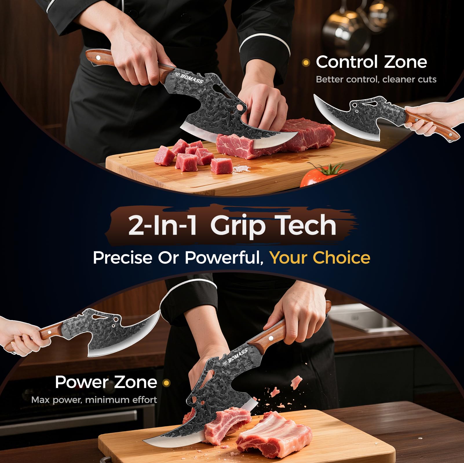BOMASS meat cleaver features ergonomic wood-handle for secure wet-grip.