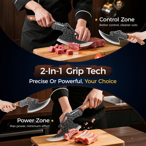 BOMASS meat cleaver features ergonomic wood-handle for secure wet-grip.