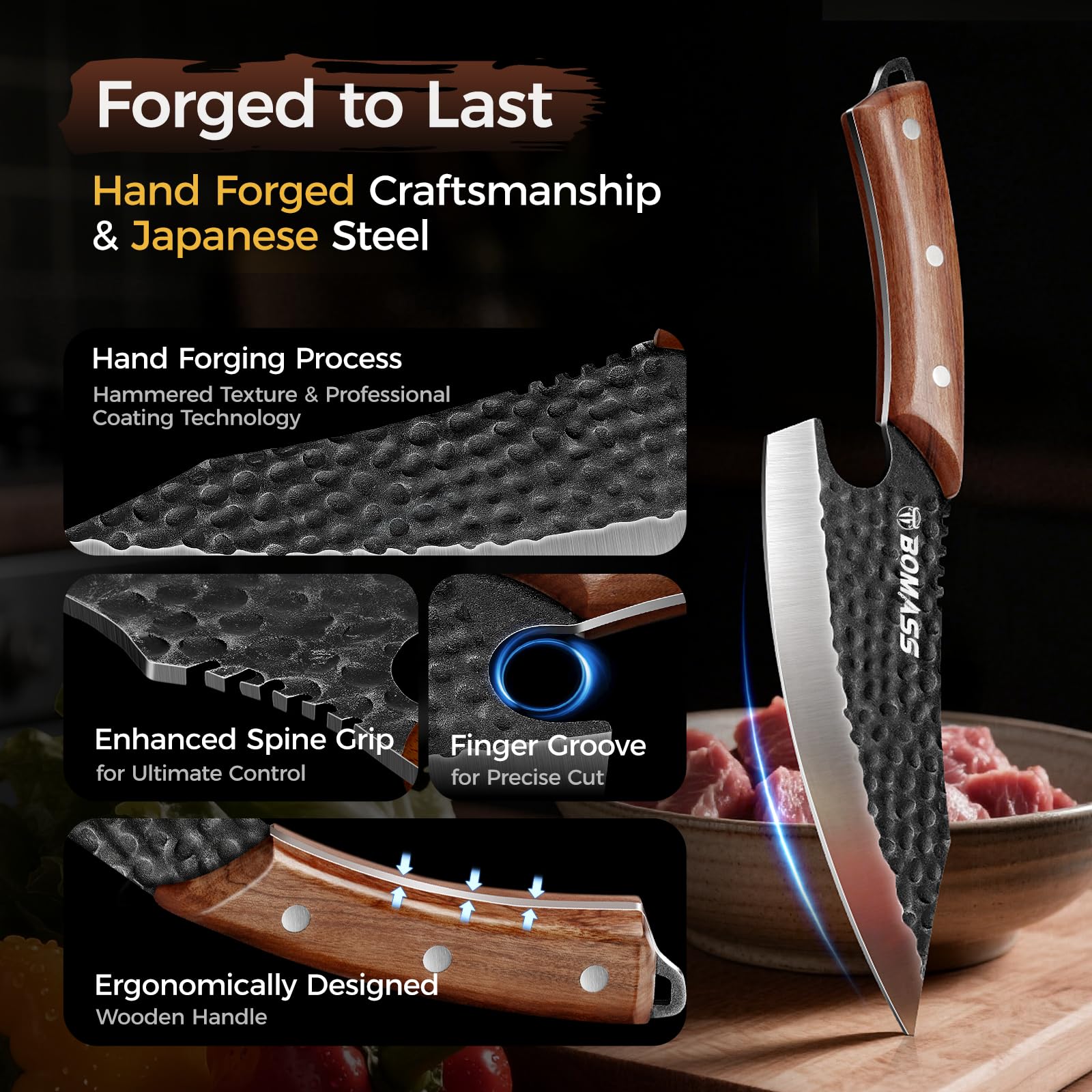 BOMASS Santoku knife slicing action for clean, uniform cuts