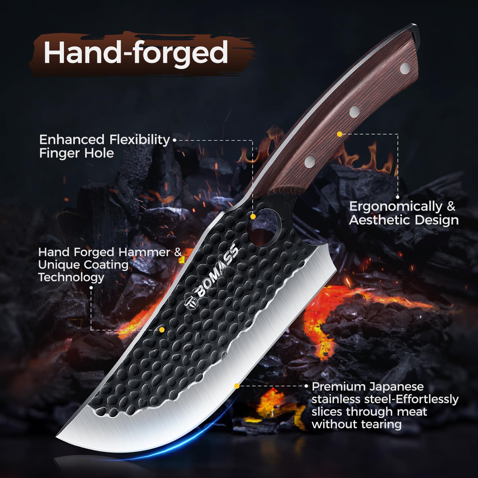 BOMASS Serbian Chef Knife 7.4-inch blade versatile for meat and vegetables.
