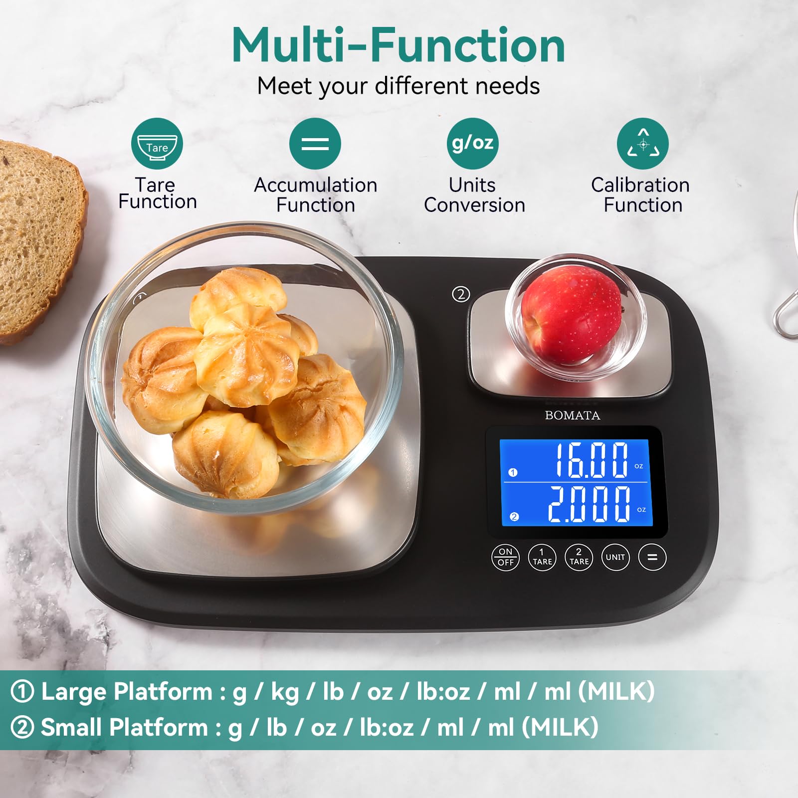 BOMATA B614 tare function to reset weight quickly during prep.