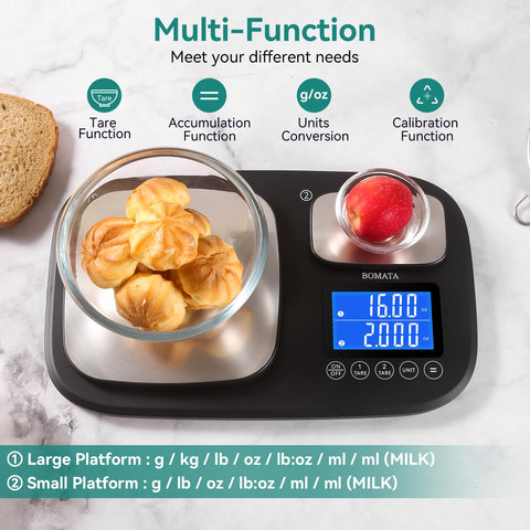 BOMATA B614 tare function to reset weight quickly during prep.