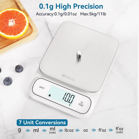 BOMATA high-precision 0.1 g display for precise ingredient weighing.