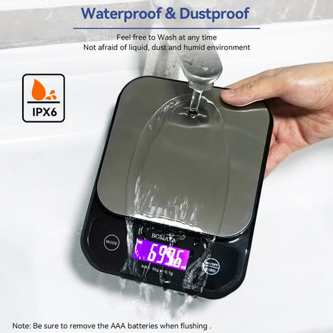 BOMATA waterproof kitchen scale LCD backlit display aids quick reading in low light