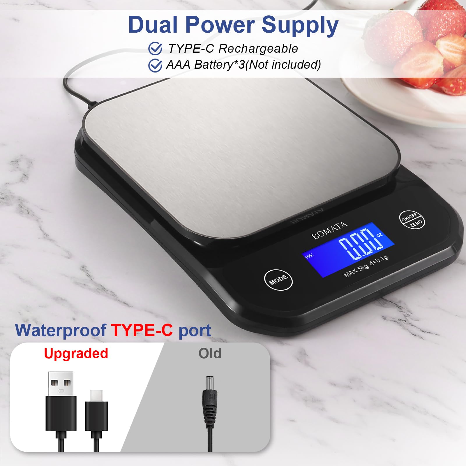 BOMATA waterproof kitchen scale Type-C rechargeable battery for convenient charging