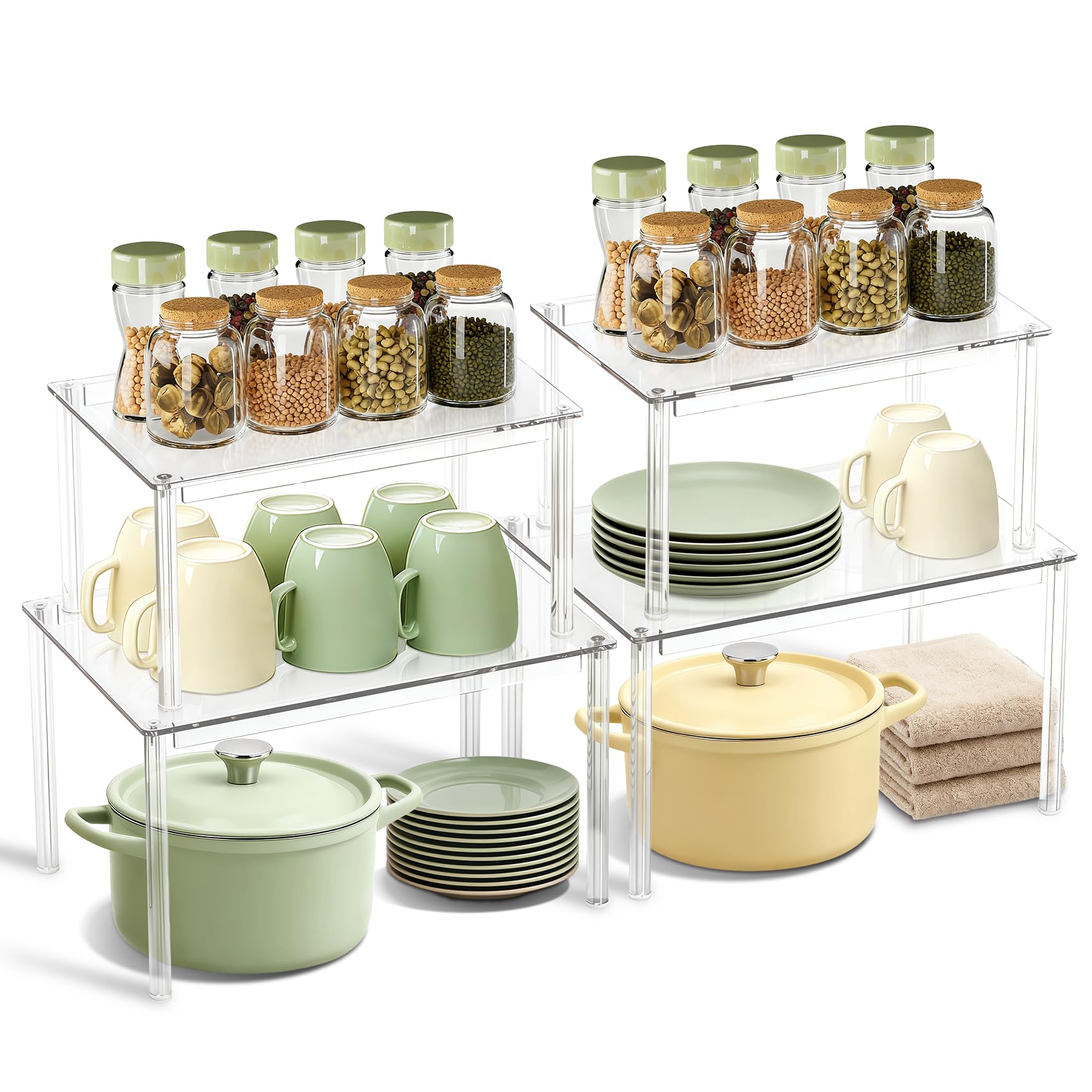 BOMOKS clear cabinet organizer top view showing double layer spice storage for easy access.