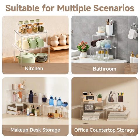 BOMOKS kitchen shelf organizer dividers help store jars, mugs, and small dishes.