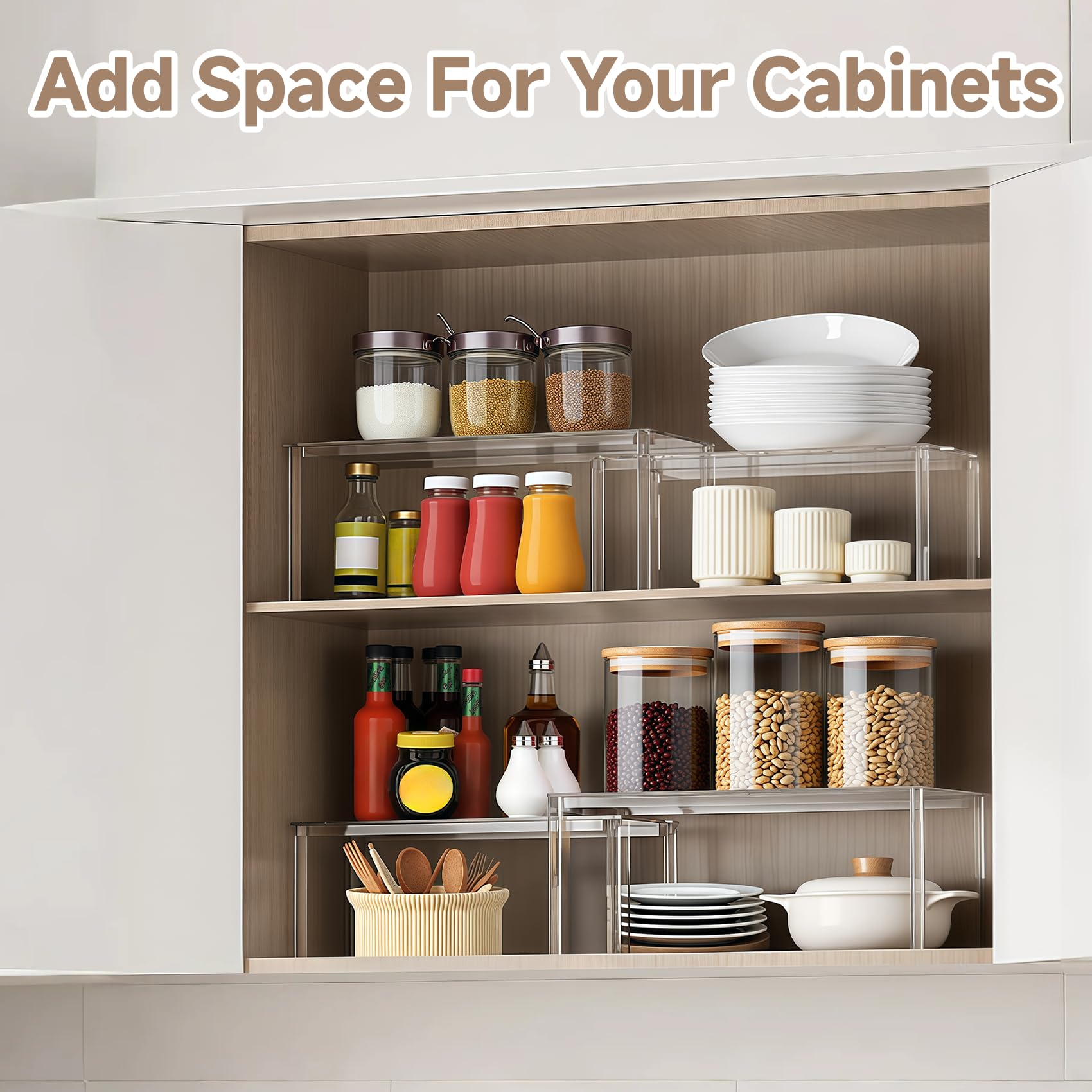 BOMOKS stackable spice rack set 4 assembled on shelf to show organized pantry.